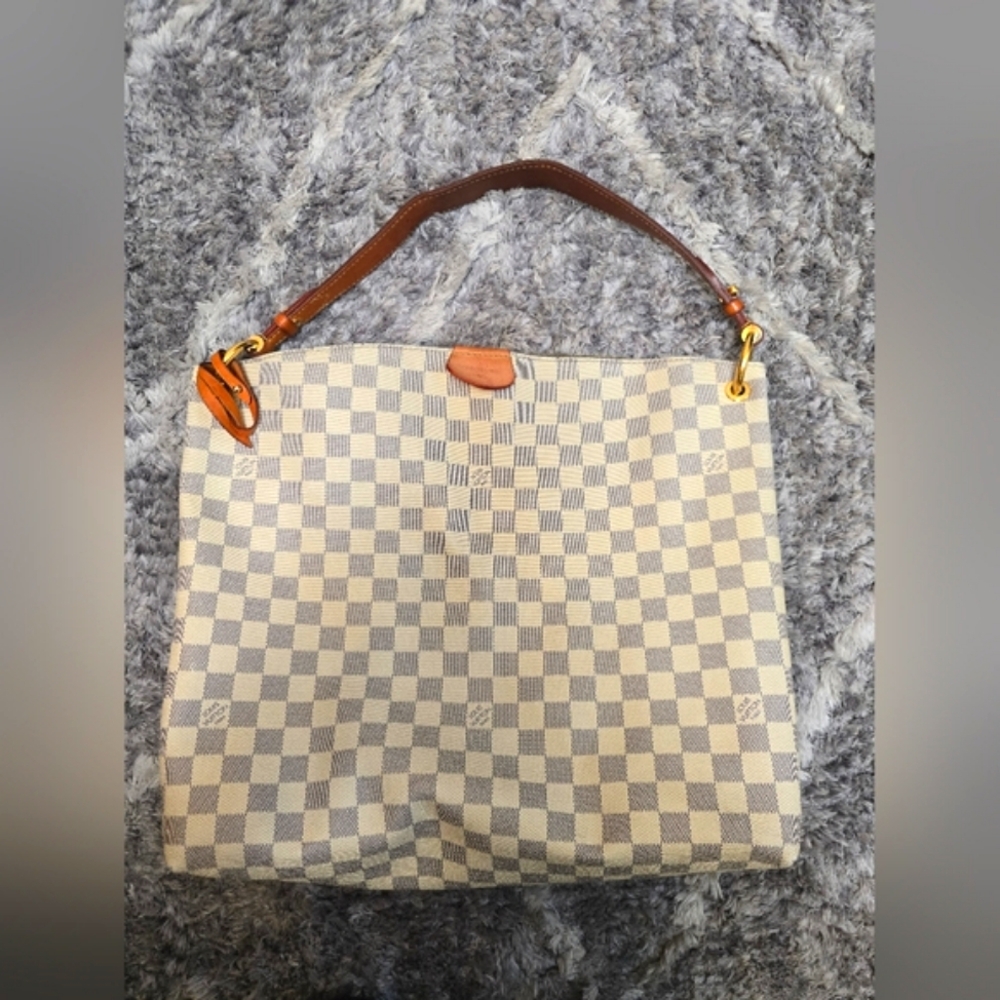 LV Graceful MM  Checkered Tote Bag with Brown Strap